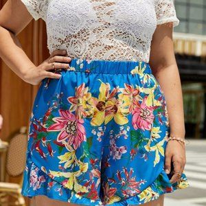 NWOT SHEIN Blue Floral Paperbag Flutter Leg Shorts 3XL